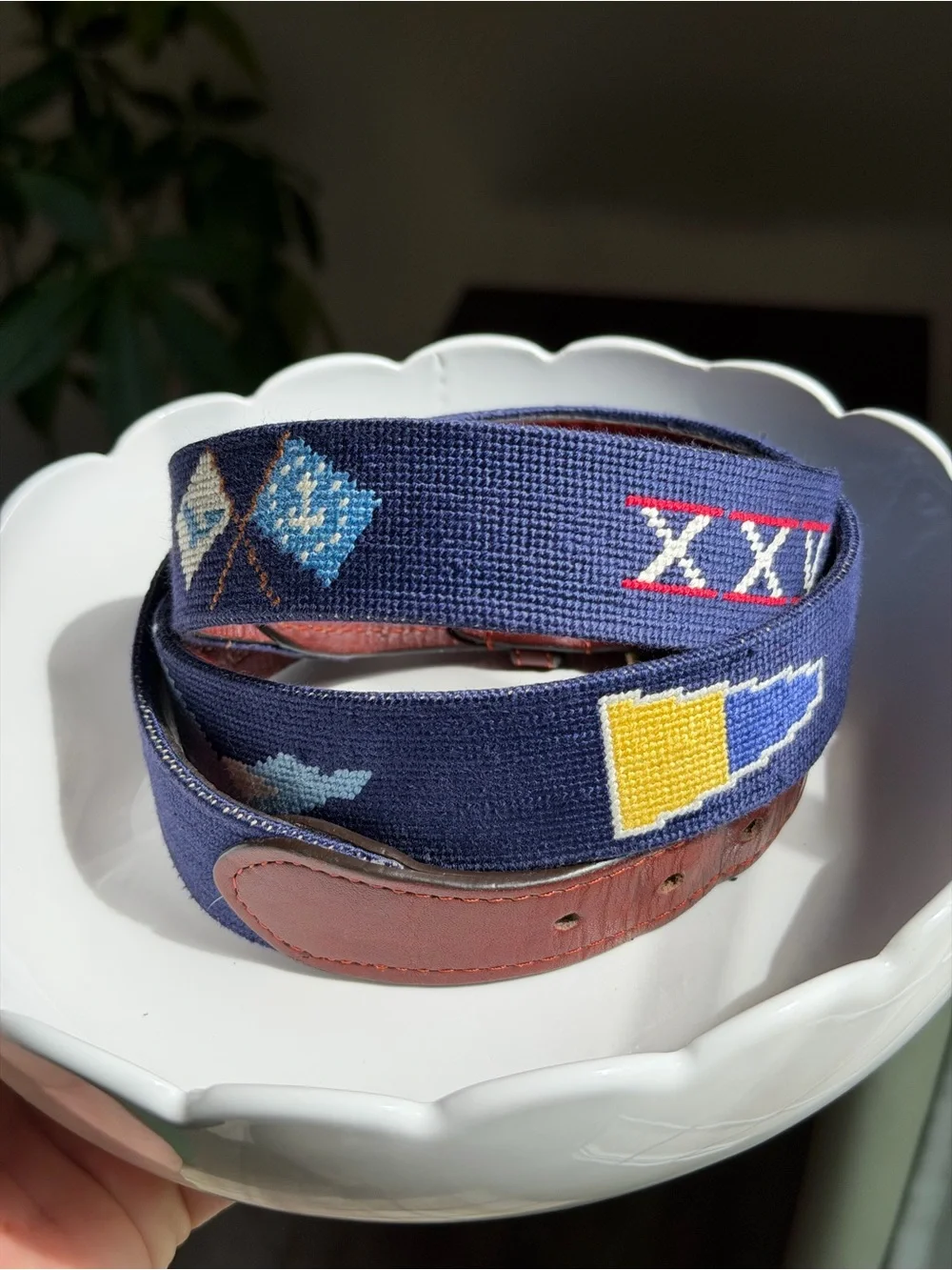 Navy Embroidered Needlepoint Men's Belt with Leather Trim